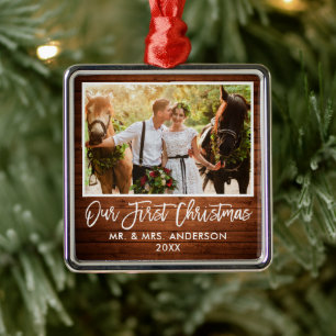 Brush Script Wood Wedding Our First Christmas Metal Ornament