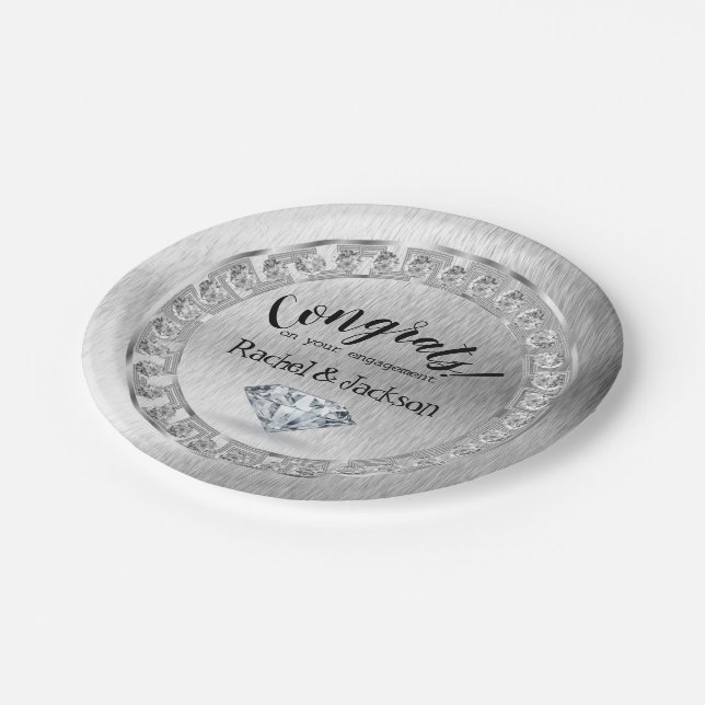 Brush Silver Diamond Engagement Party Paper Plates (Angled)