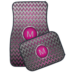 Brush Silver Metallic & Hot Pink Chevron  Monogram Car Floor Mat