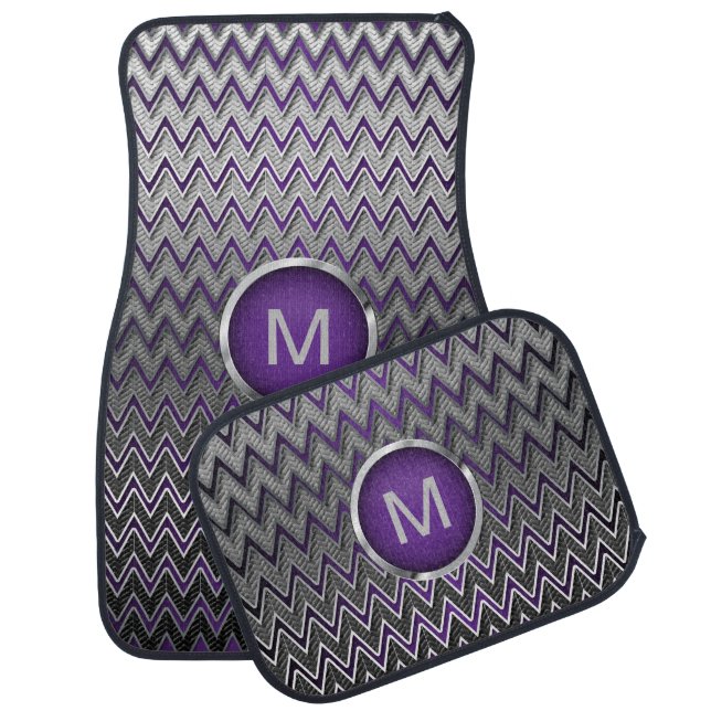 Brush Silver Metallic & Purple Chevron |Monogram Car Mat (Set)