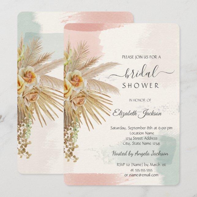 Brush Stroke,Boho Flowers Bridal Shower  Invitation (Front/Back)