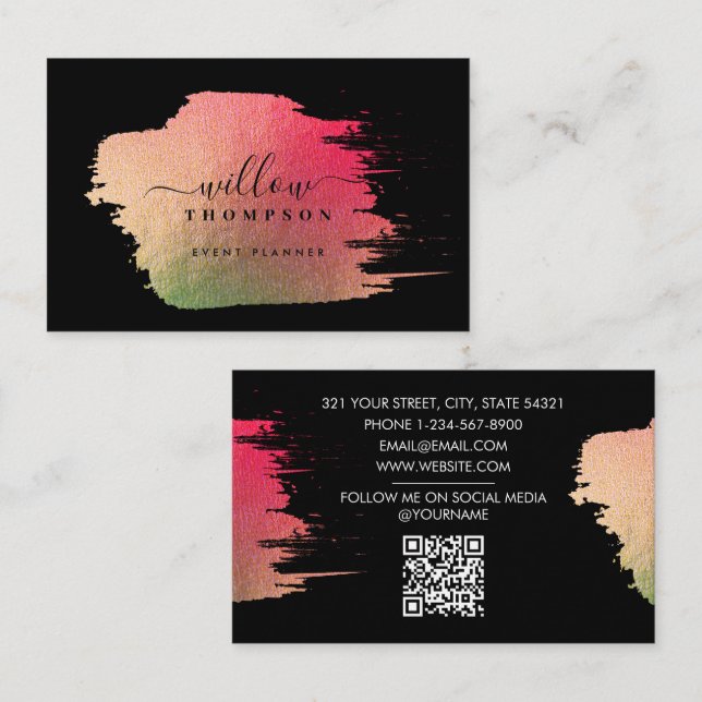 Brush Stroke Pink Gold on Black Event Planner Business Card (Front/Back)