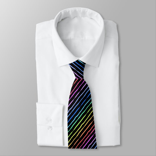 Brush Stroke Rainbow Striped Black Two-sided Neck Tie (Tied)