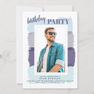 Brush Strokes Blue Photo Birthday Party Invitation