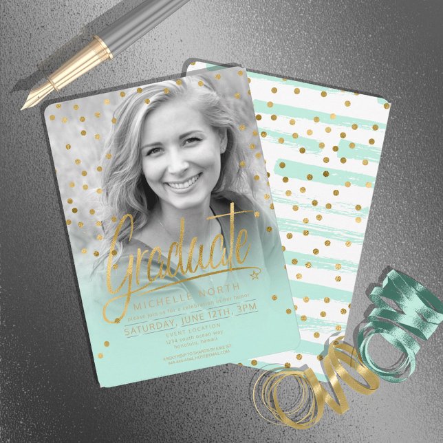 Brush Strokes & Confetti Mint Green/Gold ID511 Invitation (Creator Uploaded)