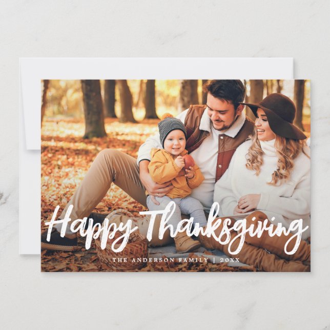 Brush text Happy Thanksgiving photo greeting card (Front)