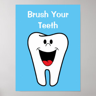 Brush Your Teeth Kids Cartoon Tooth Dentist Office Poster