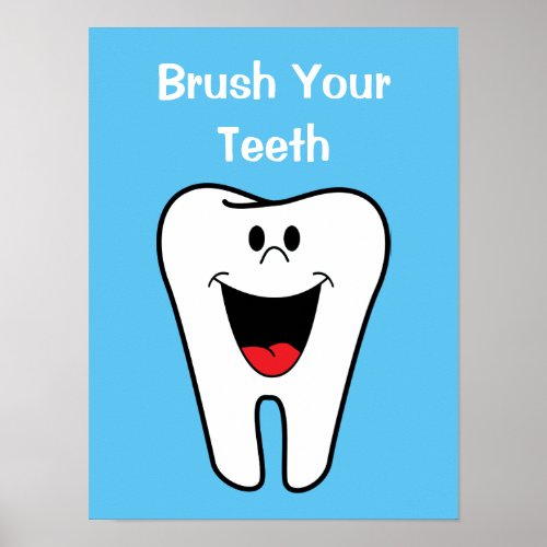 Brush Your Teeth Kids Cartoon Tooth Dentist Office Poster
