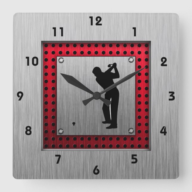 Brushed Aluminum look Golfer Square Wall Clock (Front)