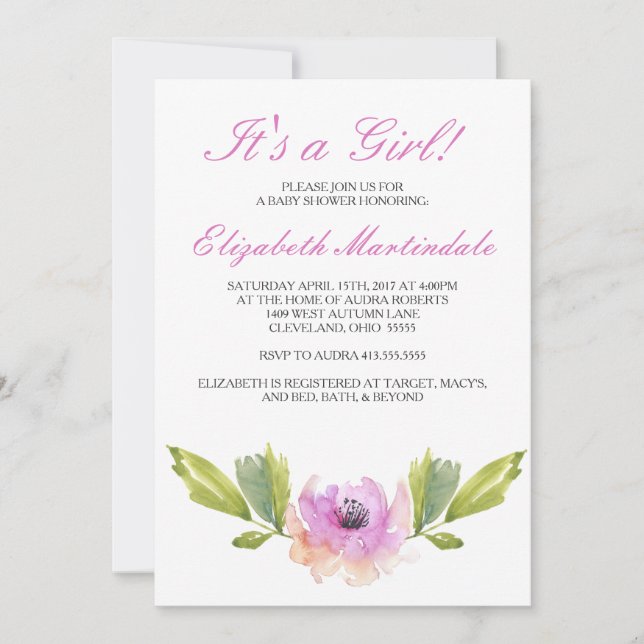 Brushed Blooms | Watercolor Baby Shower Invitation (Front)