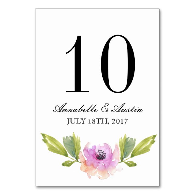 Brushed Blooms | Watercolor Wedding Table Card (Front)