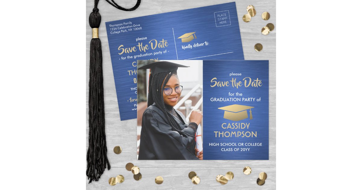 Brushed Blue & Gold Graduation Photo Save the Date Postcard | Zazzle