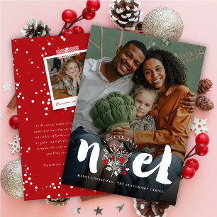 Brushed Bold Noel Floral Rustic Christmas Photo Holiday Card