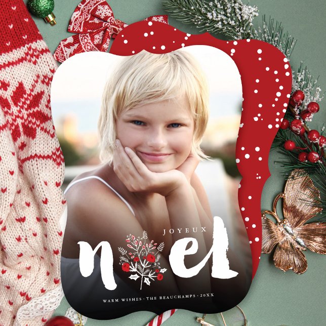 Brushed Bold Noel Floral Rustic Christmas Photo Holiday Card (Creator Uploaded)