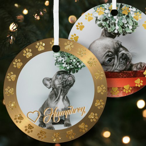 Brushed Brass Gold Glitter Paw Pet Name Christmas Metal Ornament