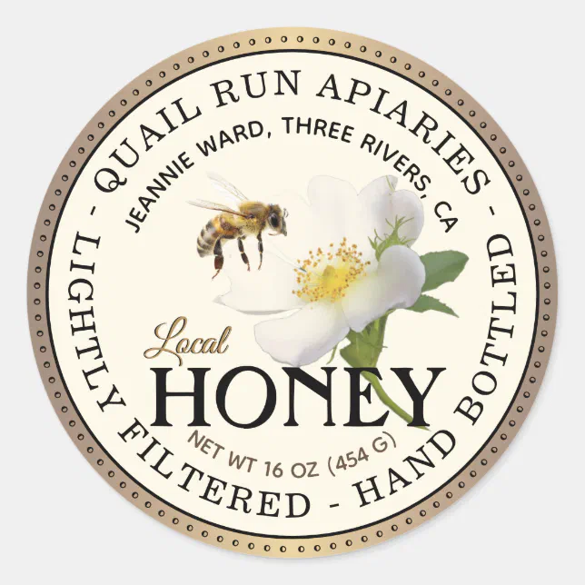 Brushed Bronze Wild Rose & Bee Honey Round Label | Zazzle