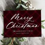 Brushed Burgundy Plaid Merry Christmas Non-Photo Holiday Card<br><div class="desc">Elegant holiday card featuring "Merry Christmas" displayed in a white calligraphy script on a painted burgundy plaid background. Personalize the front of the rustic non-photo holiday card by adding your name and the year. The back of the card features a matching plaid background with subtle white snow dots.</div>