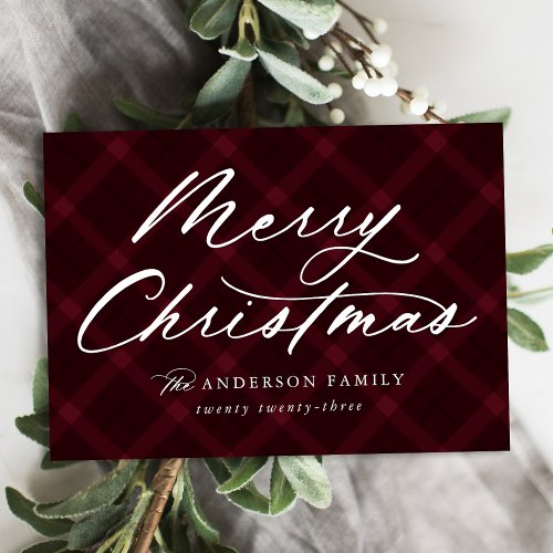 Brushed Burgundy Plaid Merry Christmas Non_Photo Holiday Card