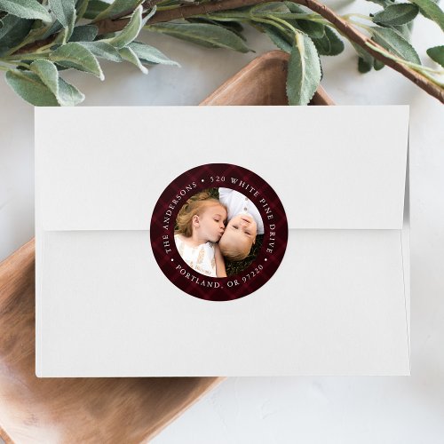 Brushed Burgundy Plaid Photo Return Address Label