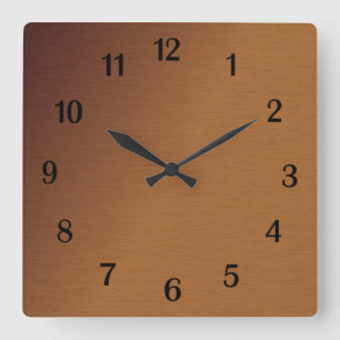 Brushed Copper Look 2 Black Numbers Square Wall Clock