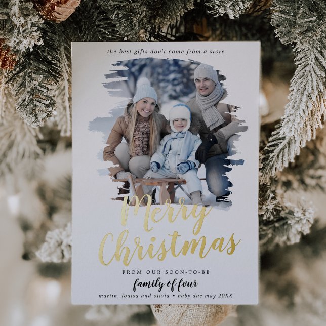 Brushed Foil Family of Four Pregnancy Photo Holiday Card (Creator Uploaded)