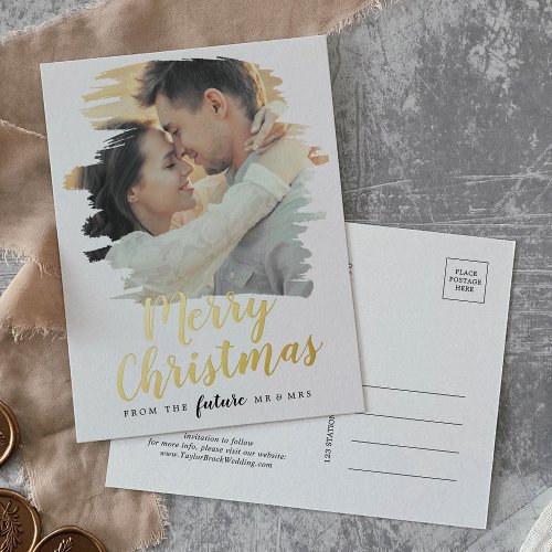 Brushed Foil Merry Christmas Save the Date Photo Foil Holiday Postcard