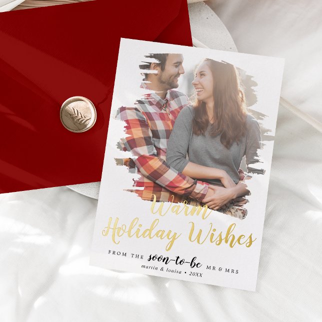 Brushed Foil Warm Wishes Engagement Photo Foil Holiday Card (Creator Uploaded)