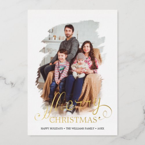 Brushed Frame Merry Christmas Year in Review Photo Foil Holiday Card