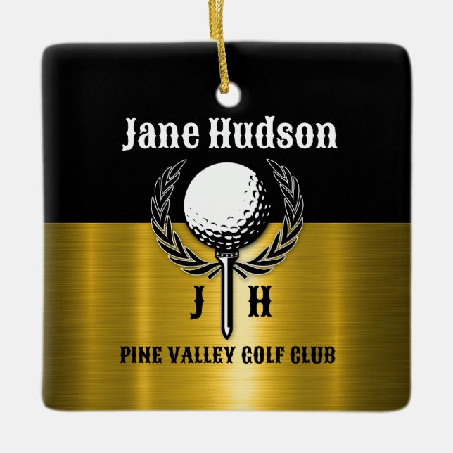 Brushed Gold Custom Golf Monogram Design Ceramic Ornament (Front)
