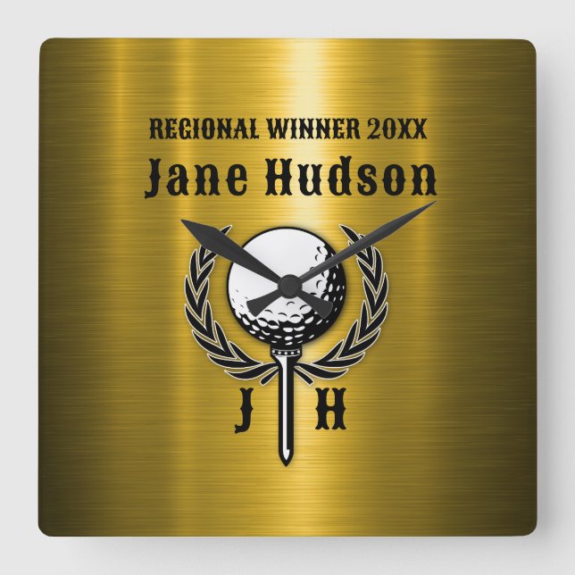 Brushed Gold Custom Golf Monogram Design Square Wall Clock (Front)