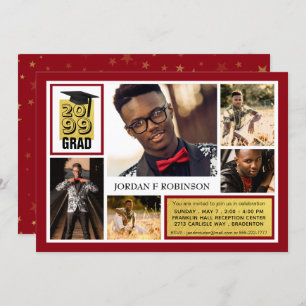 Brushed Gold GRAD   Editable Red   5 Photo Invitation