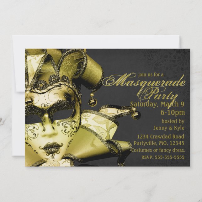 Brushed Gold Mardi Gras Masquerade Invitation (Front)
