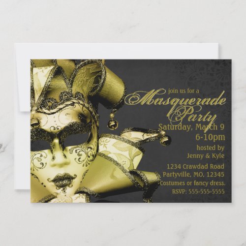 Brushed Gold Mardi Gras Masquerade Invitation