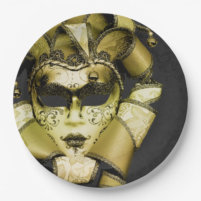 Brushed Gold Mardi Gras Masquerade Paper Plates (Front)