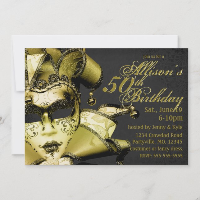 Brushed gold Masquerade Birthday Invitation (Front)