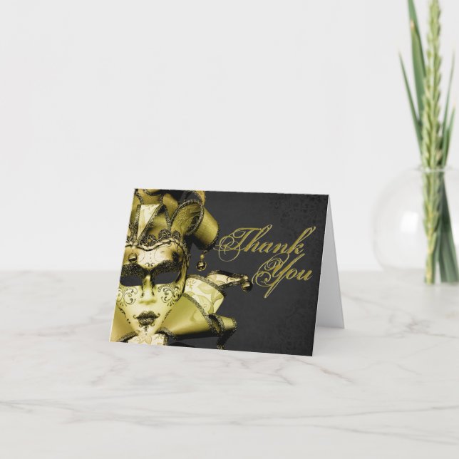 Brushed Gold Masquerade Thank You Card (Front)