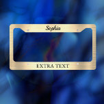 Brushed Gold Metal, Name & Extra Black Text License Plate Frame<br><div class="desc">Personalize this design with your name and extra text in black on faux brushed gold metal. The extra text line provides space for your favorite expression,  state or delete. Click “Edit Design” to change colors and type styles.</div>