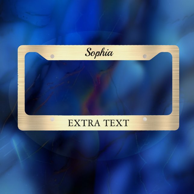 Brushed Gold Metal, Name & Extra Text, Black License Plate Frame (Creator Uploaded)