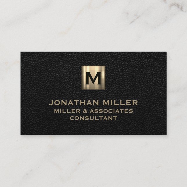 Brushed Gold Monogrammed Black Leather Business Card (Front)