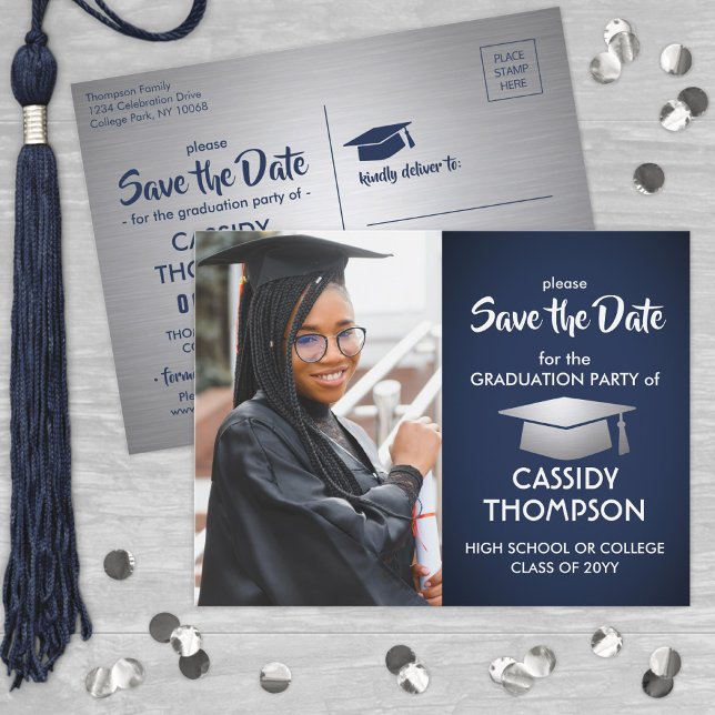 Brushed Gray & Navy Graduation Photo Save the Date Postcard (Creator Uploaded)