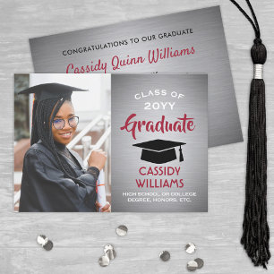 Brushed Gray Ombre, Red and White Graduation Photo Invitation