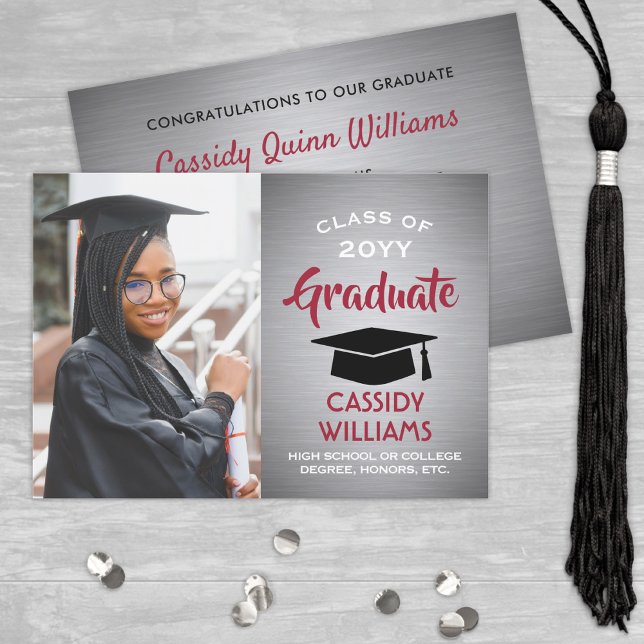 Brushed Gray Ombre, Red and White Graduation Photo Invitation (Creator Uploaded)