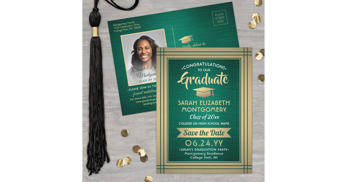 Brushed Green & Gold Graduate Photo Save the Date Announcement Postcard ...