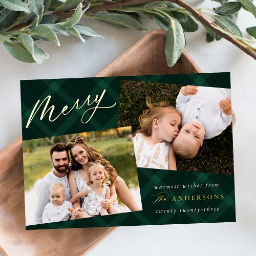 Brushed Green Plaid 3 Photo Foil Holiday Card