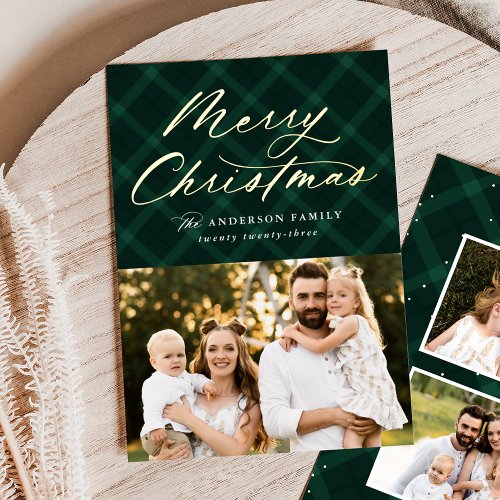 Brushed Green Plaid Merry Christmas 3 Photo Foil Holiday Card