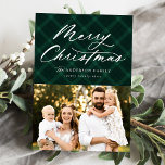 Brushed Green Plaid Merry Christmas 3 Photo Holiday Card<br><div class="desc">Elegant holiday photo card featuring "Merry Christmas" displayed in a white calligraphy script at the top of the design on a painted green plaid background. Personalize the front of the card by adding your name, year, and a photo. The card reverses to display 2 additional photos on a matching plaid...</div>