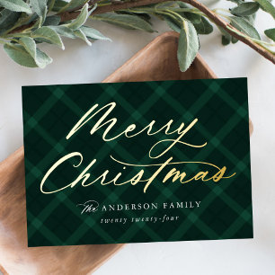 Brushed Green Plaid Merry Christmas Non-Photo Foil Holiday Card