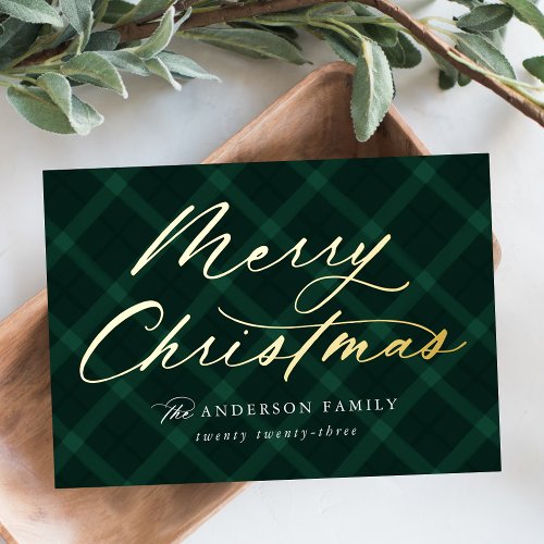 Brushed Green Plaid Merry Christmas Non_Photo Foil Holiday Card