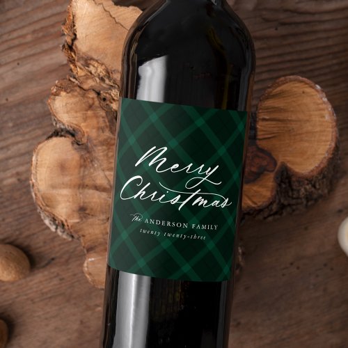 Brushed Green Plaid Merry Christmas Wine Label