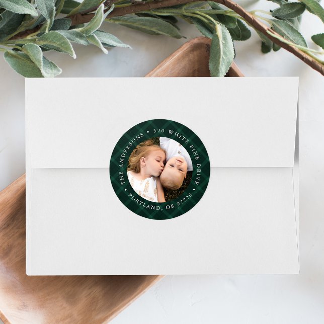 Brushed Green Plaid Photo Return Address Label (Creator Uploaded)
